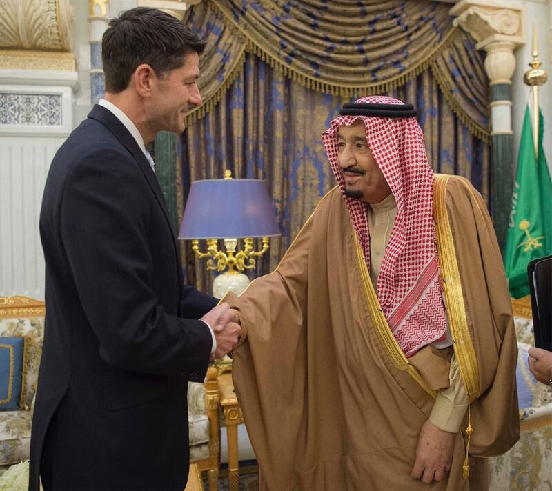 Saudi King Salman shakes hands with the U.S. House Speaker Paul Ryan, in Riyadh, Saudi Arabia, Wednesday, Jan. 24, 2018.  Ryan is leading a Congressional delegation to the Middle East, traveling with five Republican members of congress and one Democrat. A statement by Ryanâ€™s office says his talks in the Middle East â€œwill focus on regional stability, the campaign against ISIS and terrorism, and Iranian aggression.â€ (Saudi Press Agency via AP)