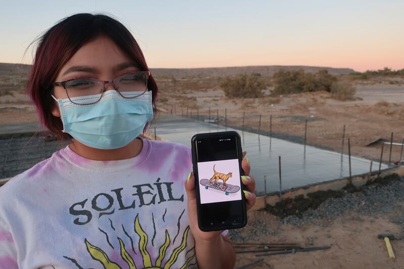 Kira Nevayaktewa displays the logo she helped create for the skate spot. AP