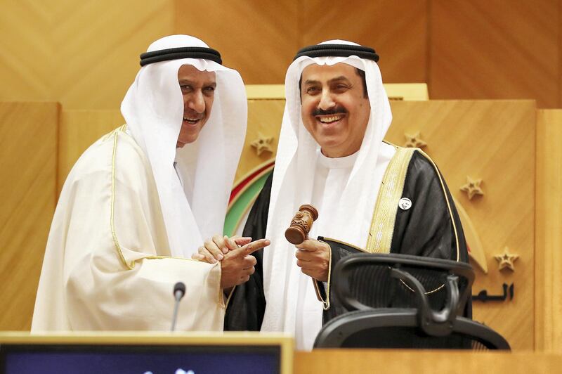 ABU DHABI , UNITED ARAB EMIRATES , Nov 14 – 2019 :- Left to Right – Ali Jasem, veteran FNC member greeting  Saqr Bin Ghubash Saeed Ghubash , new speaker of the Federal National Council during the first meeting of the Federal National Council session held at FNC office in Abu Dhabi. ( Pawan Singh / The National )  For News. Story by Haneen