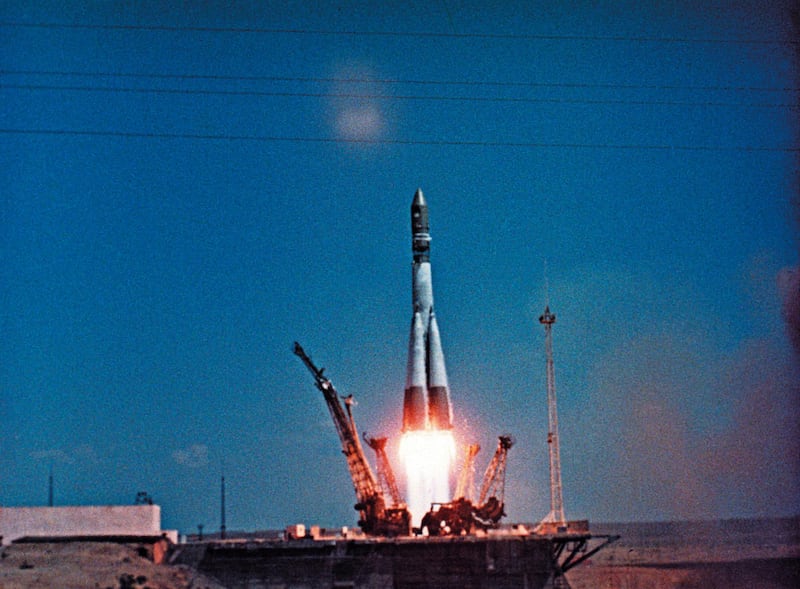 (FILES) In this file photo taken on April 12, 1961 The Vostok-1 spaceship blasts off on top of Rocket R-7 from the Baikonur space center with Soviet cosmonaut Yuri Gagarin on board for the first manned trip into space. - Sixty years ago Monday Soviet cosmonaut Yuri Gagarin became the first person in space, securing victory for Moscow in its race with Washington and marking a new chapter in the history of space exploration. (Photo by - / RIA NOVOSTI / AFP)