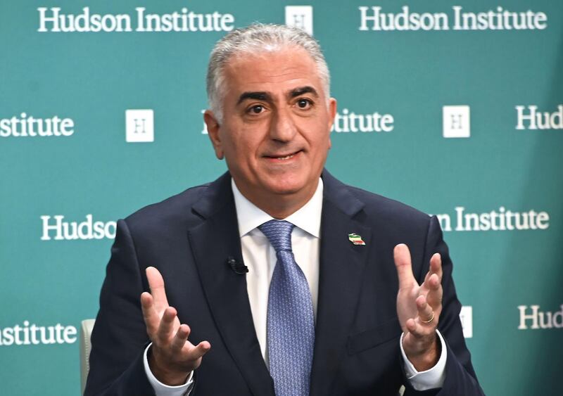 Reza Pahlavi, former Crown Prince of Iran, speaks about current events in Iran at the Hudson Institute in Washington, DC on January 15, 2020, during a conversation with host Michael Doran.  / AFP / EVA HAMBACH
