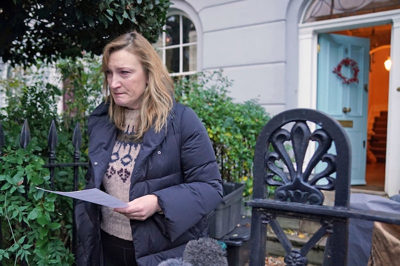 Allegra Stratton speaks outside her home in north London. Ms Stratton, a senior aide to Mr Johnson, resigned hours after an investigation began into allegations of a Covid-breaking Christmas party at Downing Street last year. AP
