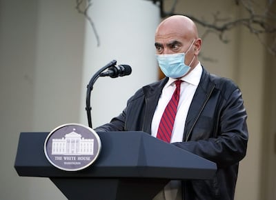 (FILES) In this file photo taken on November 13, 2020, Dr. Moncef Slaoui, delivers an update on "Operation Warp Speed" in the Rose Garden of the White House in Washington, DC.  US authorities are looking "very carefully" into the virus variant spreading in the United Kingdom, top health officials said on December 20, 2020, while indicating that a ban on UK travel was not currently in the cards. Moncef Slaoui, chief advisor to the government's Operation Warp Speed vaccine program, told CNN's "State of the Union" that US officials "don't know yet" if the variant is present in the country.
 / AFP / MANDEL NGAN
