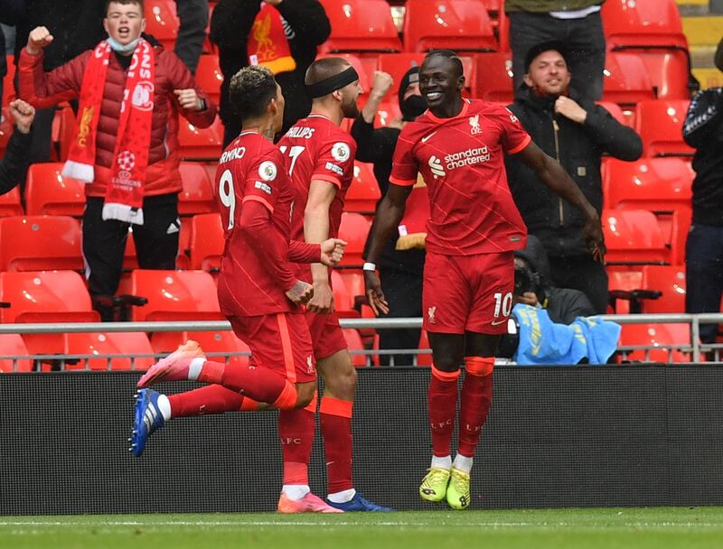 Liverpool's Sadio Mane celebrates scoring their first goal. Reuters