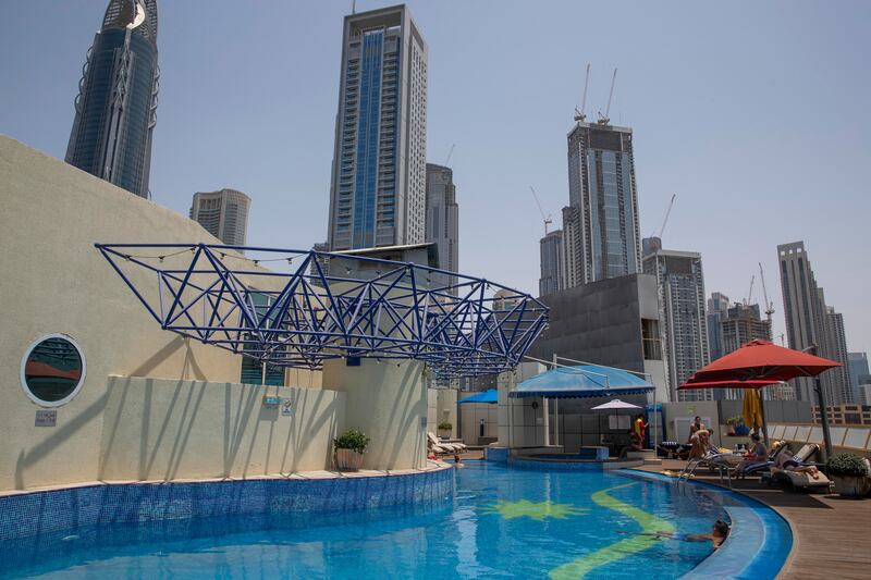 The hotel has a rooftop swimming pool.