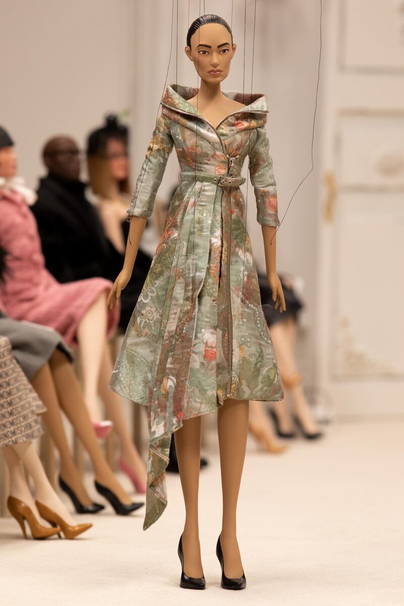 A look from Moschino’s spring/summer 2021 womenswear collection, which was presented as a short film, with marionettes by Jim Henson’s Creature Shop modelling scaled down versions of the clothes. Courtesy Moschino