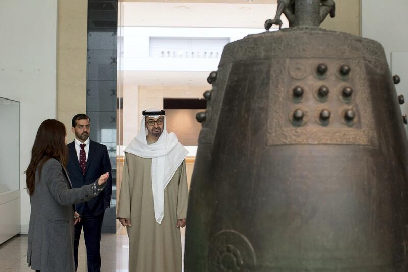 SEOUL, REPUBLIC OF KOREA (SOUTH KOREA) - February 27, 2014: HH General Sheikh Mohamed bin Zayed Al Nahyan Crown Prince of Abu Dhabi Deputy Supreme Commander of the UAE Armed Forces (3rd L), and HH Sheikh Hamed bin Zayed Al Nahyan Chairman of Crown Prince Court - Abu Dhabi and Executive Council Member (2nd L), visit the National Museum of Korea. 
( Ryan Carter / Crown Prince Court - Abu Dhabi )
---