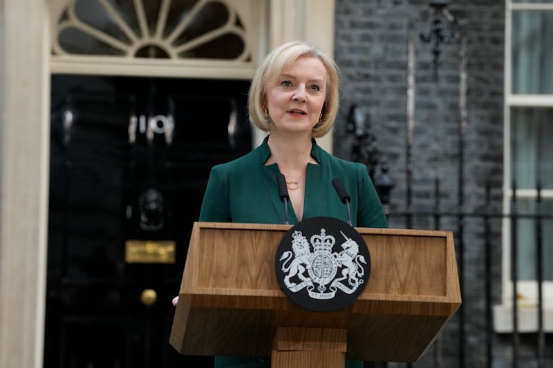Departing British Prime Minister Liz Truss speaks outside Downing Street, as her premiership ends after just seven weeks. AP