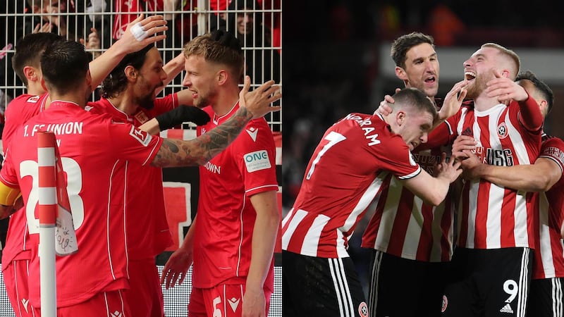 BERLIN, GERMANY - MARCH 01:  Marvin Friedrich (R) of Berlin celebrates with teammates after scoring his team's second goal during the Bundesliga match between 1. FC Union Berlin and VfL Wolfsburg at Stadion An der Alten Foersterei on March 1, 2020 in Berlin, Germany.  (Photo by Matthias Kern/Bongarts/Getty Images)

SHEFFIELD, ENGLAND - JANUARY 10: Oliver McBurnie of Sheffield United celebrates with his team after he scores his sides first goal during the Premier League match between Sheffield United and West Ham United at Bramall Lane on January 10, 2020 in Sheffield, United Kingdom. (Photo by Michael Regan/Getty Images)