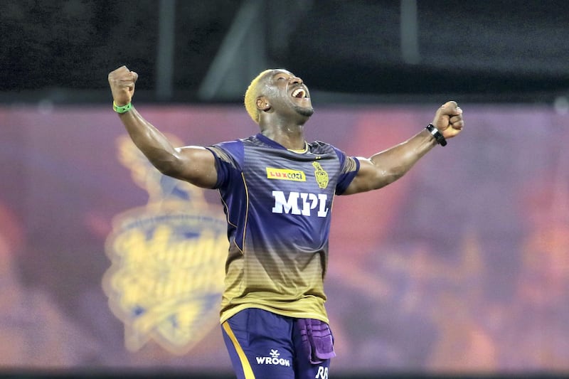 Andre Russell of Kolkata Knight Riders celebrates the wicket of Rahul Chahar of Mumbai Indians during match 5 of the Vivo Indian Premier League 2021 between the Kolkata Knight Riders and the Mumbai Indians held at the M. A. Chidambaram Stadium, Chennai on the 13th April 2021.

Photo by Vipin Pawar / Sportzpics for IPL