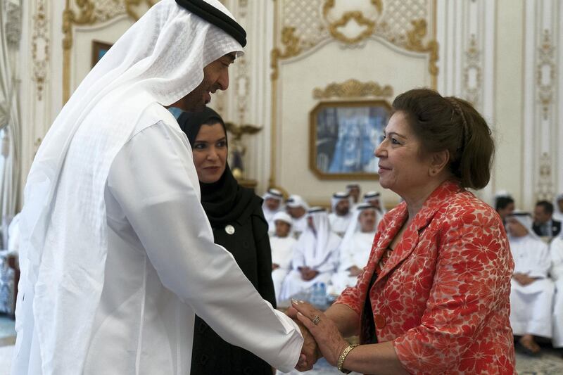 ABU DHABI, UNITED ARAB EMIRATES - October 07, 2019: HH Sheikh Mohamed bin Zayed Al Nahyan, Crown Prince of Abu Dhabi and Deputy Supreme Commander of the UAE Armed Forces (L), receives a member of the Arab Parliament (R), during a Sea Palace barza. Seen with HE Dr Amal Abdullah Al Qubaisi, Speaker of the Federal National Council (FNC) (C).


( Rashed Al Mansoori / Ministry of Presidential Affairs )
---