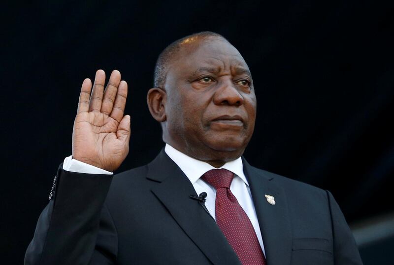 Cyril Ramaphosa takes the oath of office at his inauguration as South African president, at Loftus Versfeld stadium in Pretoria, South Africa May 25, 2019. REUTERS/Siphiwe Sibeko