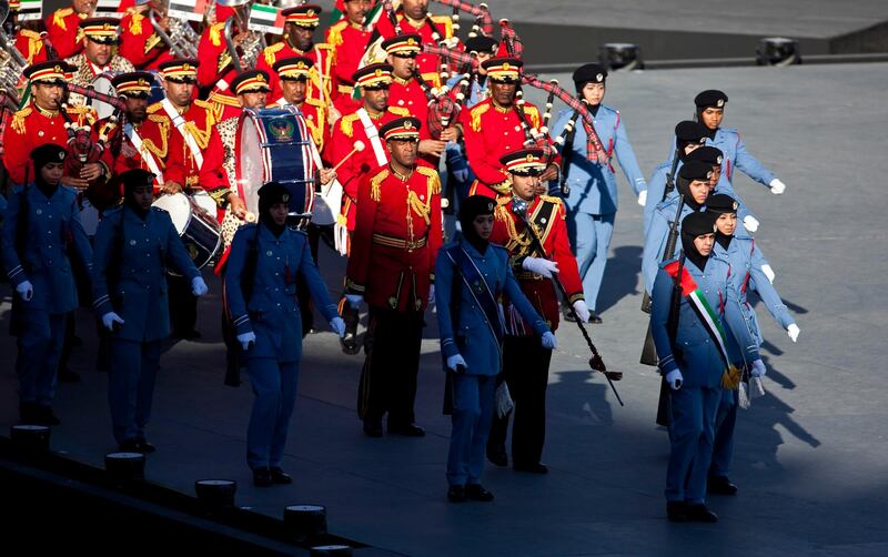 People join in celebration of the 40th Anniversary of the creation of the United Arab Emirates as they gather for a program of military and artistic parade on Friday afternoon, Dec. 2, 2011, at the Zayed Sports City in Abu Dhabi. (Silvia Razgova/The National)
