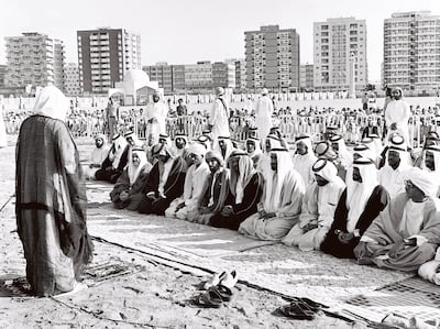 Abu Dhabi, UAE. 9/12/1981. Sheikh Zayed and other officials pray for rain in the prayer yard. Airport Road can be seen in the background of the image. 

*Eds note. For Time Frame, Ramadan 2012 * 
Courtesy Al Ittihad

