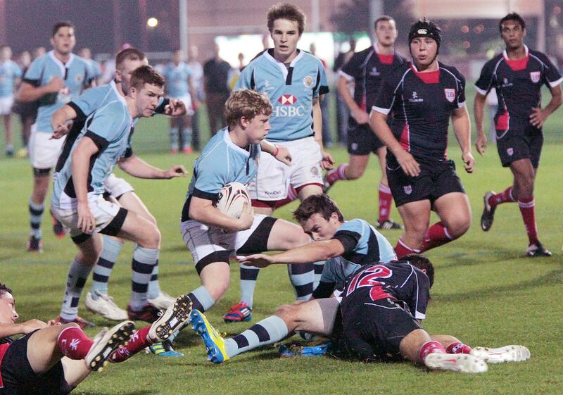 Abu Dhabi, United Arab Emirates - February 26, 2013.  British School Al Khubairat ( light blue uniform ) against Dubai College ( dark blue uniform ) at their rugby match.  ( Jeffrey E Biteng / The National )