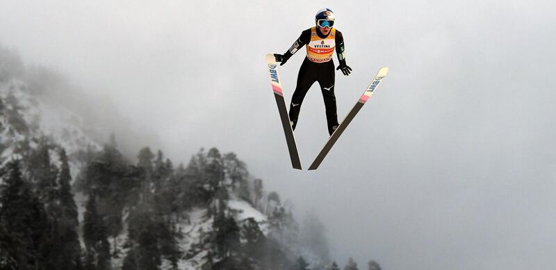 Japanese ski jumper Ryoyu Kobayashi soars in the air during his second training jump at the Four-Hills Ski Jumping tournament in Oberstdorf, Germany.  AFP