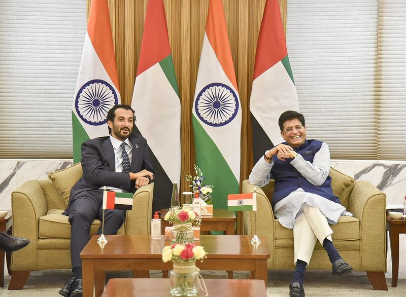 Abdulla bin Touq, UAE Minister of Economy with India’s Commerce Minister Piyush Goyal in New Delhi on Wednesday. Photo: India's Ministry of Commerce & Industry