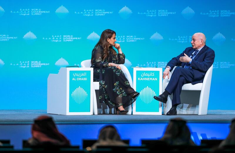 Dubai, U.A.E., February 11, 2019. World Government Summit day 2-DXB.-- The Art and Science of Decision Making: Daniel Kahneman, Noble Laureate and Professor of Psychology and Public Affairs, Princeton University Moderated by Mina Al Oraibi, The National.Victor Besa/The NationalSection:  NAReporter: