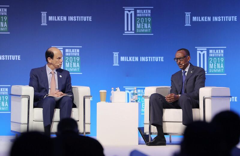 ABU DHABI , UNITED ARAB EMIRATES , February 13 – 2019 :- Left to Right - Michael Milken, Chairman, Milken Institute and Paul Kagame, President, Republic of Rwanda speaking during the Milken Institute MENA Summit 2019 held at The St. Regis Saadiyat Island Resort in Abu Dhabi.  ( Pawan Singh / The National ) For News/Business/Instagram. Story by Charlie  