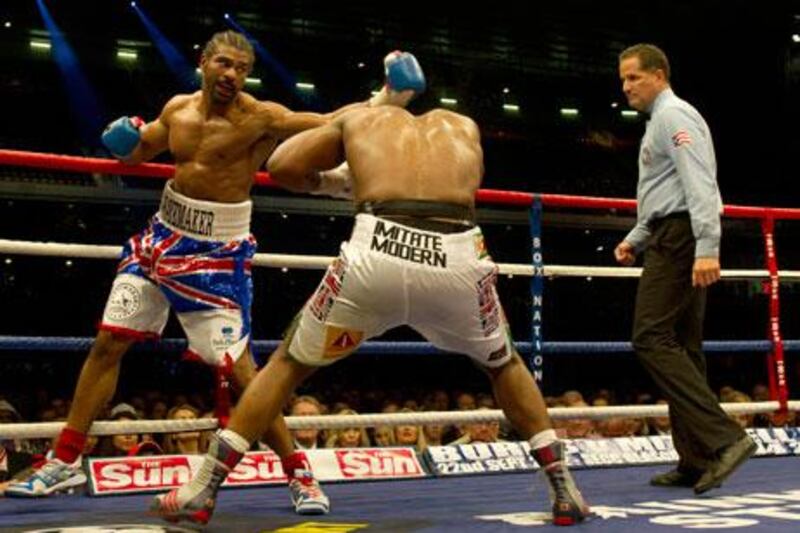 David Haye lands a left on Dereck Chisora during their Luxembourg-sanctioned bout in London