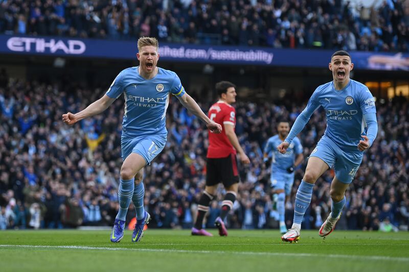 Kevin De Bruyne of Manchester City celebrates after scoring his side's first goal during the 4-1 Premier League victory against Manchester United at Etihad Stadium. Getty