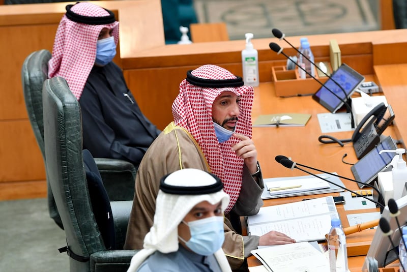 Kuwaiti National Assembly speaker Marzouq Al Ghanim, centre, attends a special National Assembly session in Kuwait City. EPA