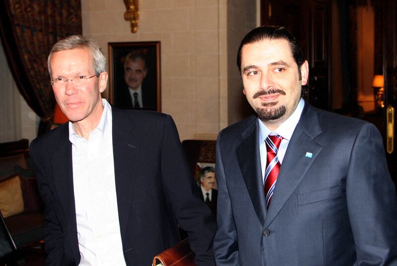 US envoy David Welch, left, then assistant secretary of state for Near East affairs, meets Mr Hariri in Beirut, in 2007. Mr Welch held talks in Lebanon to discuss a presidential void.