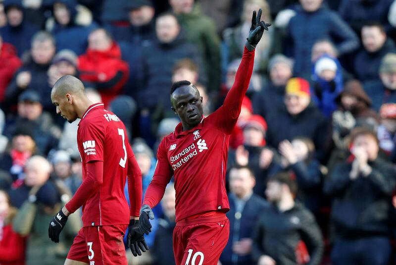 Soccer Football - Premier League - Liverpool v Burnley - Anfield, Liverpool, Britain - March 10, 2019  Liverpool's Sadio Mane celebrates scoring their fourth goal   REUTERS/Andrew Yates  EDITORIAL USE ONLY. No use with unauthorized audio, video, data, fixture lists, club/league logos or "live" services. Online in-match use limited to 75 images, no video emulation. No use in betting, games or single club/league/player publications.  Please contact your account representative for further details.