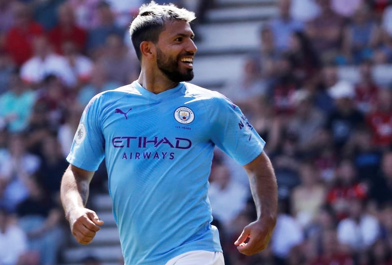 Manchester City's Sergio Aguero celebrates scoring their first goal against Bournemouth. Reuters