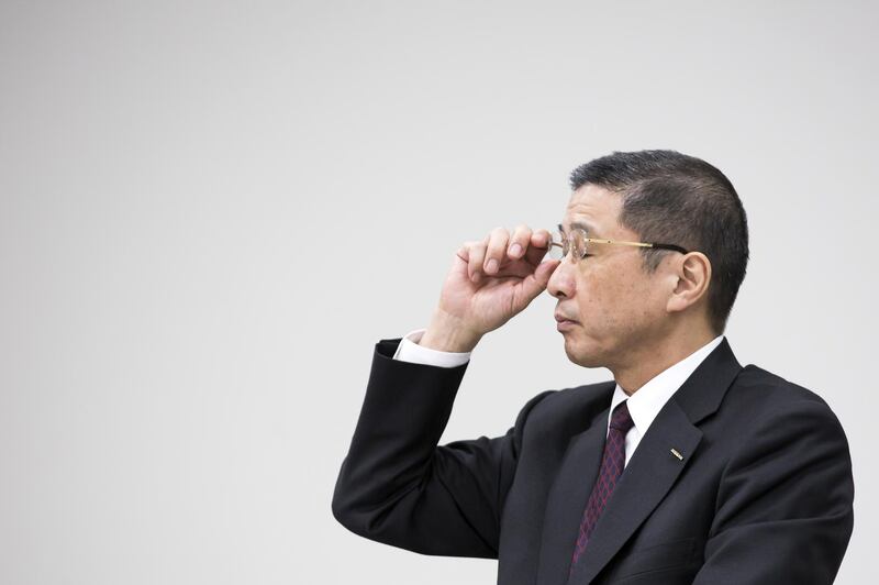 YOKOHAMA, JAPAN - JANUARY 24: Nissan Motor Co. Chief Executive Officer Hiroto Saikawa adjusts his glasses during a press conference on January 24, 2019 in Yokohama, Japan. Carlos Ghosn resigned as chairman and chief executive officer of French car maker Renault SA after charges of alleged financial misconduct at Nissan Motor. Ghosn, a veteran of the auto industry, was arrested for financial misconduct and accusations he underreported his compensation between 2011 and 2015 by more than 5 billion yen and used company assets for personal use. (Photo by Tomohiro Ohsumi/Getty Images)