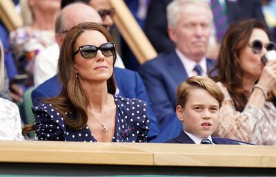 The Duchess of Cambridge with Prince George in the Royal Box on day fourteen of the 2022 Wimbledon Championships at the All England Lawn Tennis and Croquet Club, Wimbledon. Picture date: Sunday July 10, 2022.