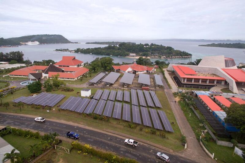 Masdar's Port Vila 767kW solar PV in Vanuatu. Port Vila, Vanuatu’s capital, has a population of 44,000, of which only 27 per cent have access to electricity. The three new solar PV plants have helped increase energy access and the share of renewables in the energy mix, while providing 112 additional parking spaces in key civic areas. Courtesy Masdar