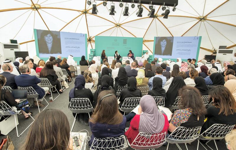 ABU DHABI, UNITED ARAB EMIRATES -The opening plenary, The Future of Islamic Art, Mina Al Oraibi, Editor in Chief, The National UAE, HH Sheikha Mai Bint Mohammed Al Khalifa, HE Dr. Ines Abdel Dayem, Minister of Culture, Egypt and HE Zaki Anwar Nusseibeh, Minister of State, UAE at the Al Burda Festival, Shaping the Future of Islamic Art and Culture at Warehouse 421, Abu Dhabi.  Leslie Pableo for The National for Melissa Gronlund’s story