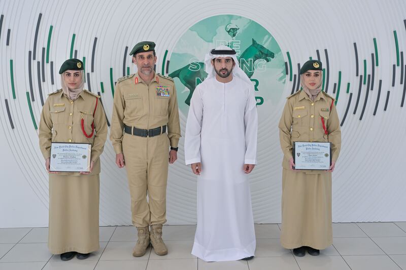 Sheikh Hamdan bin Mohammed, Crown Prince of Dubai, was met by senior police officers for a tour of Dubai Police Officers Club on Tuesday. Photo: WAM