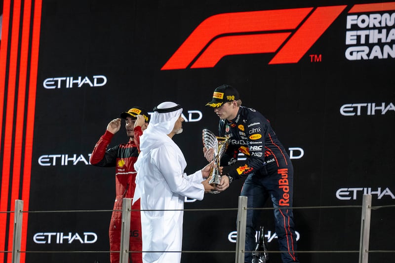 Sheikh Khaled bin Mohamed, Crown Prince of Abu Dhabi, presents the trophy to the Abu Dhabi Formula One Grand Prix winner Max Verstappen of Red Bull last year. Photo: Mohamed Al Hammadi / UAE Presidential Court