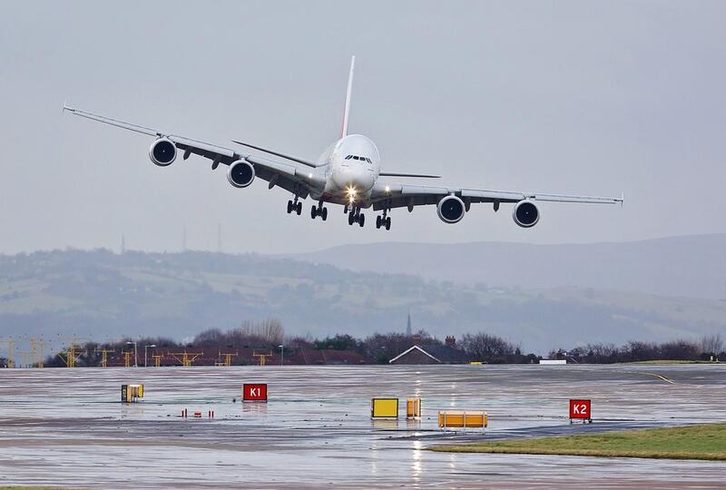 The flight from Dubai on Wednesday was one of many that had to battle winds at the airport in northern England. Picturematt / REX 