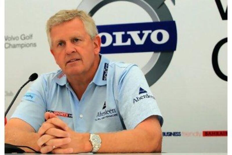 Colin Montgomerie, who captained Sergio Garcia at the Ryder Cup, speaks at a news conference.