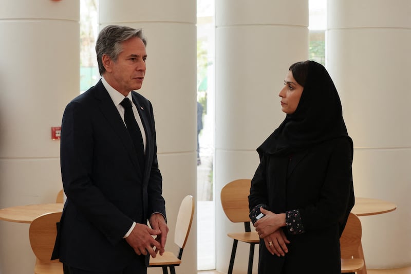 Mr Blinken speaks during his visit to the centre. Reuters