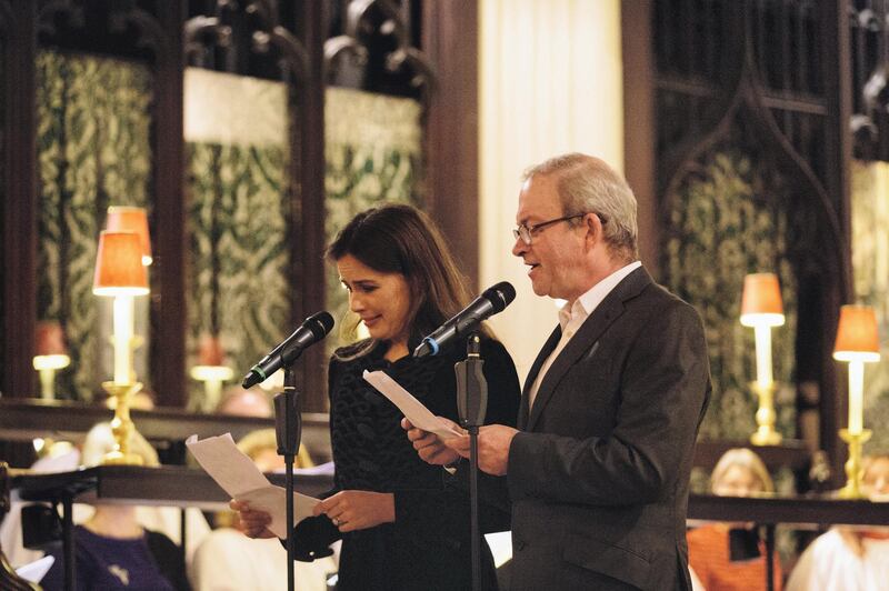 Actors Sophie Winkleman and Harry Enfield read during the Singing for Syrians Carol Service in St Margaret’s Church, Westminster, in 2019. Courtesy Hands Up Foundation