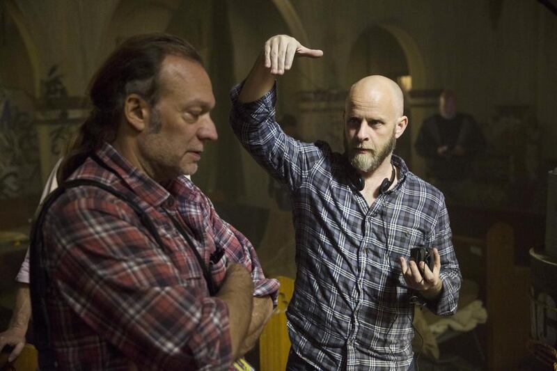 Executive producer and make-up artist Greg Nicotero and director Dave Erickson on the set of Fear the Walking Dead. ustin Lubin / AMC)