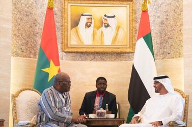 Sheikh Mohamed bin Zayed, Crown Prince of Abu Dhabi, meets with Burkina Faso President, Roch Marc Christian Kabore.   
