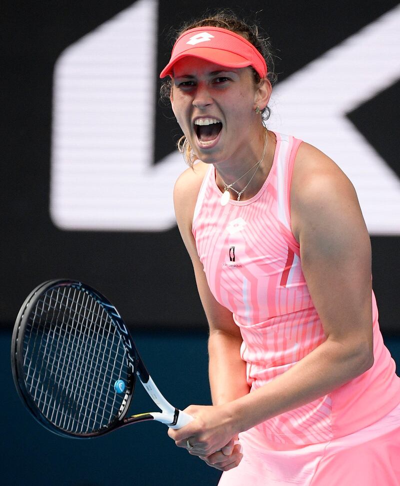 Belgium's Elise Mertens celebrates after defeating Belinda Bencic of Switzerland 6-2, 6-1. PA