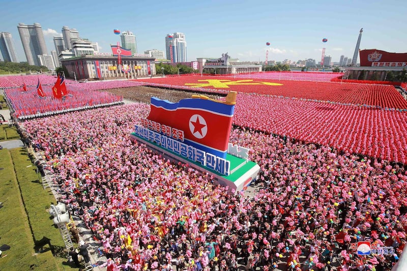 People take part in celebrations marking the 70th anniversary of North Korea's foundation in Pyongyang. Reuters
