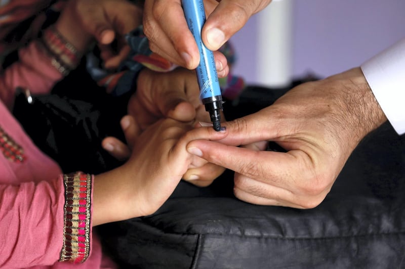 A girl gets her finger marked, after she is administered polio vaccine drops, at a civil dispensary in Peshawar, Pakistan July 11, 2019. Picture taken July 11, 2019. REUTERS/Fayaz Aziz