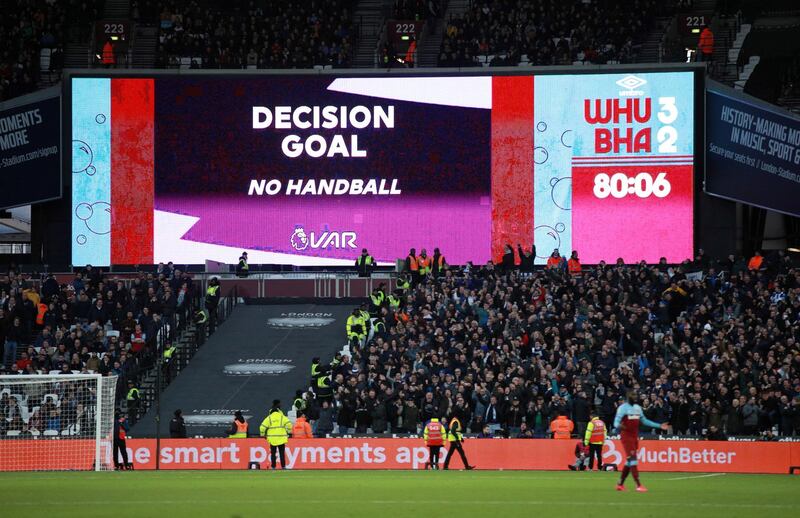 The big screen at London Stadium shows the VAR decision to allow Glenn Murray's goal for Brighton. Reuters