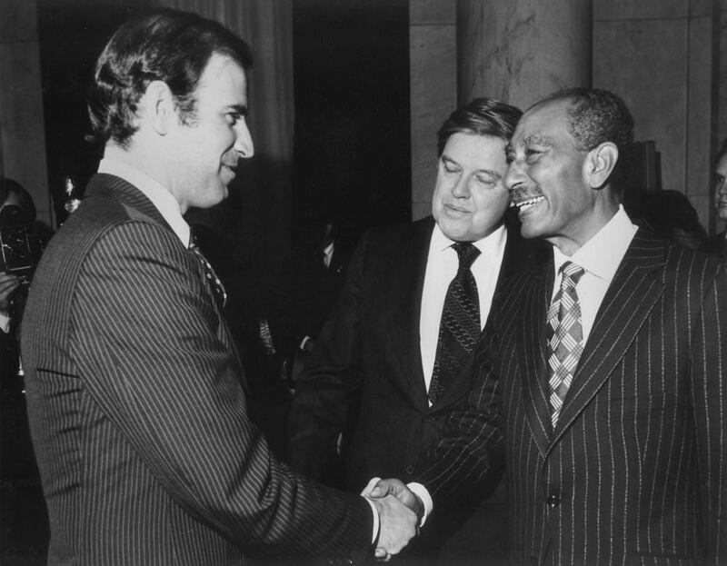 Joe Biden, Chairman of the Senate Committee on Foreign Relations Frank Church and Egyptian President Anwar Sadat after the signing of the Egyptian-Israeli Peace Treaty in Washington in March 1979.