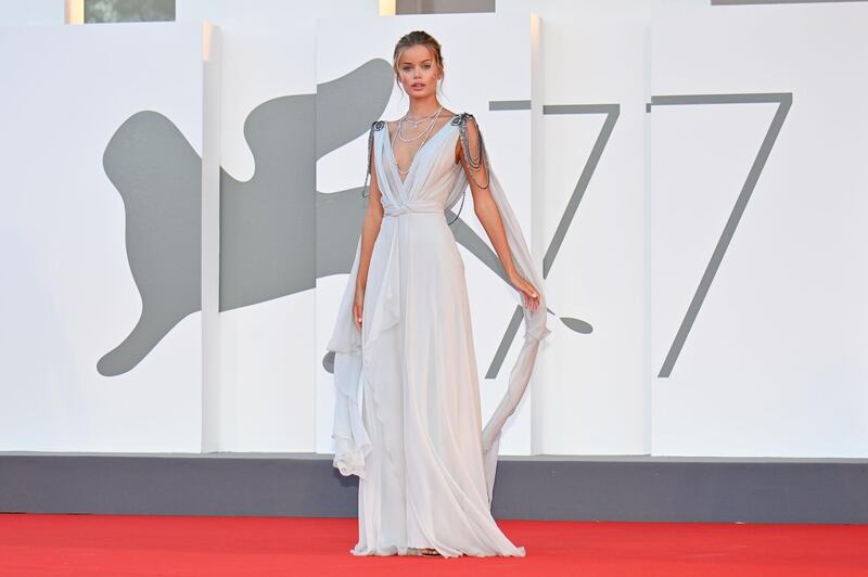 Model Frida Aasen, in Alberta Ferretti, arrives for the screening of 'Amants' on the second day of the 77th Venice Film Festival, on September 3, 2020 at Venice Lido. AFP