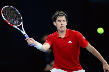 Dominic Thiem of Austria in action against Rafael Nadal of Spain during the 'A Day at the Drive' tennis event at Memorial Drive Tennis Centre in Adelaide. EPA