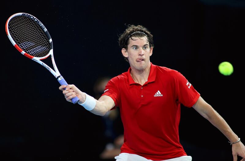 epa08972531 Dominic Thiem of Austria in action against Rafael Nadal of Spain during the 'A Day at the Drive' tennis event at Memorial Drive Tennis Centre in Adelaide, Australia, 29 January 2021.  EPA/KELLY BARNES AUSTRALIA AND NEW ZEALAND OUT