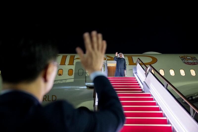 President Sheikh Mohamed departs from Seoul Air Base at the end of his state visit to South Korea. Rashed Al Mansoori / UAE Presidential Court 